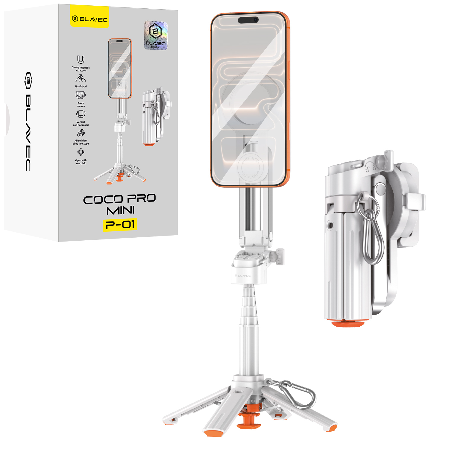 Blavec aliuminė asmenukių lazda Coco PRO Mini P-01 Magsafe Auto pop keturkojis stovas + nuotolinio valdymo pultelis + laikiklis 0,48 metro (SSCPMP01-MQHW048) balta