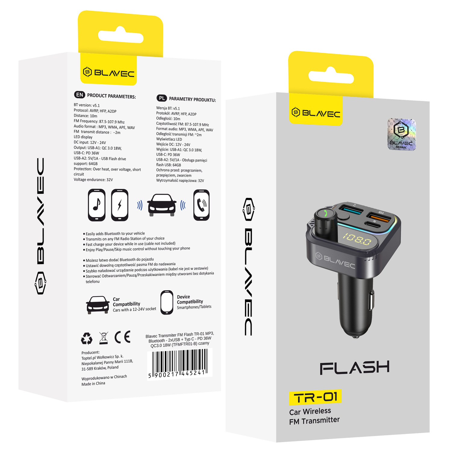 Blavec FM transliatorius Flash TR-01 MP3, Bluetooth - 2xUSB + Type C - PD 36W QC3.0 18W (TFMFTR01-B) juodas