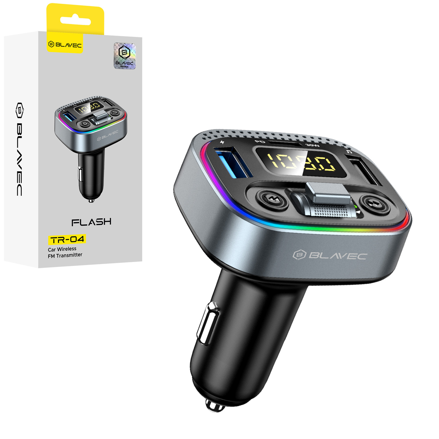 Blavec FM transliatorius Flash TR-04 MP3, Bluetooth - 2xUSB + Type C - QC3.0 18W PD 30W (TFMFTR04-B) juodas