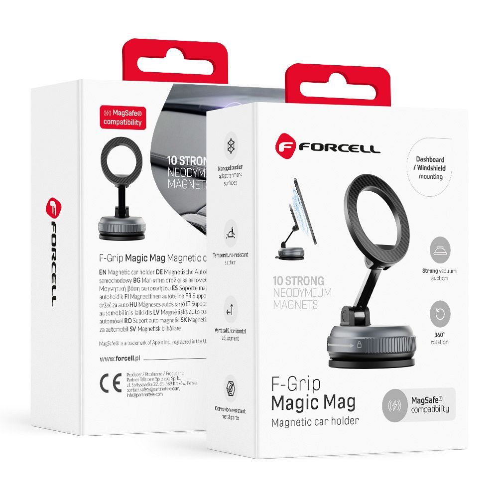 Forcell F-Grip Magic Mag magnetinis automobilinis telefono laikiklis su siurbtuku, suderinamas su „MagSafe“ – juodas