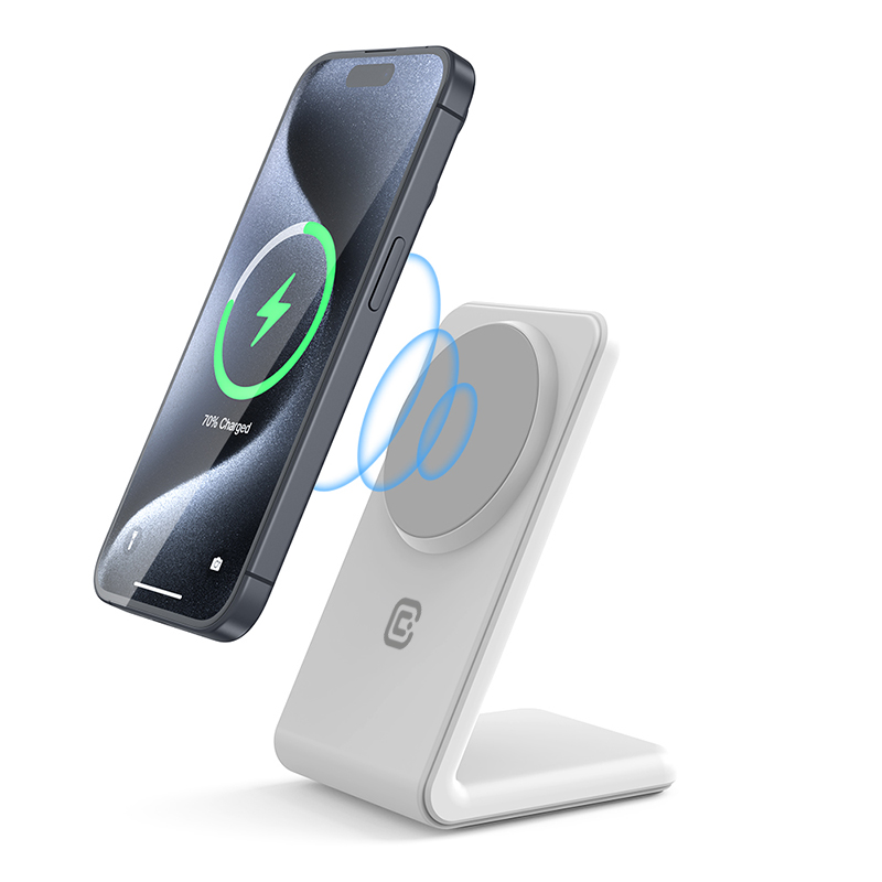 Беспроводное зарядное устройство 2 в 1 Crong MagSpot Stand для iPhone и AirPods, совместимое с MagSafe, белое