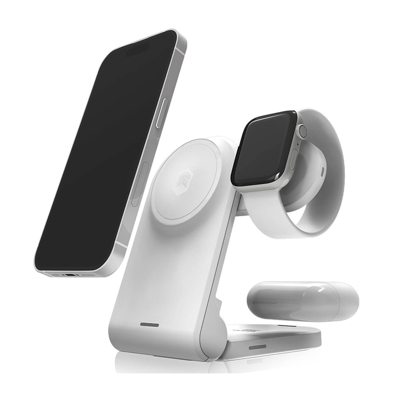 STM ChargeTree MAG nešiojamoji 3 viename belaidžio įkrovimo stotelė, skirta iPhone, Apple Watch ir AirPods, suderinama su MagSafe, balta