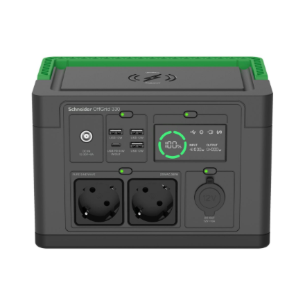Schneider Electric Schneider OffGrid Portable Power Station 330, 230V, 332Wh Lithium-ion, LCD, 2 CEE 7/3 Schuko outlets, Sinewave, 3 USB-A, 1 USB-C, Wireless Charger PPS330-GR