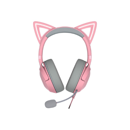 Razer Kraken Kitty V2 Quartz RZ04-04730200-R3M1 – laidinės ant ausų dedamos USB-A ausinės su katės ausytėmis, rausvos