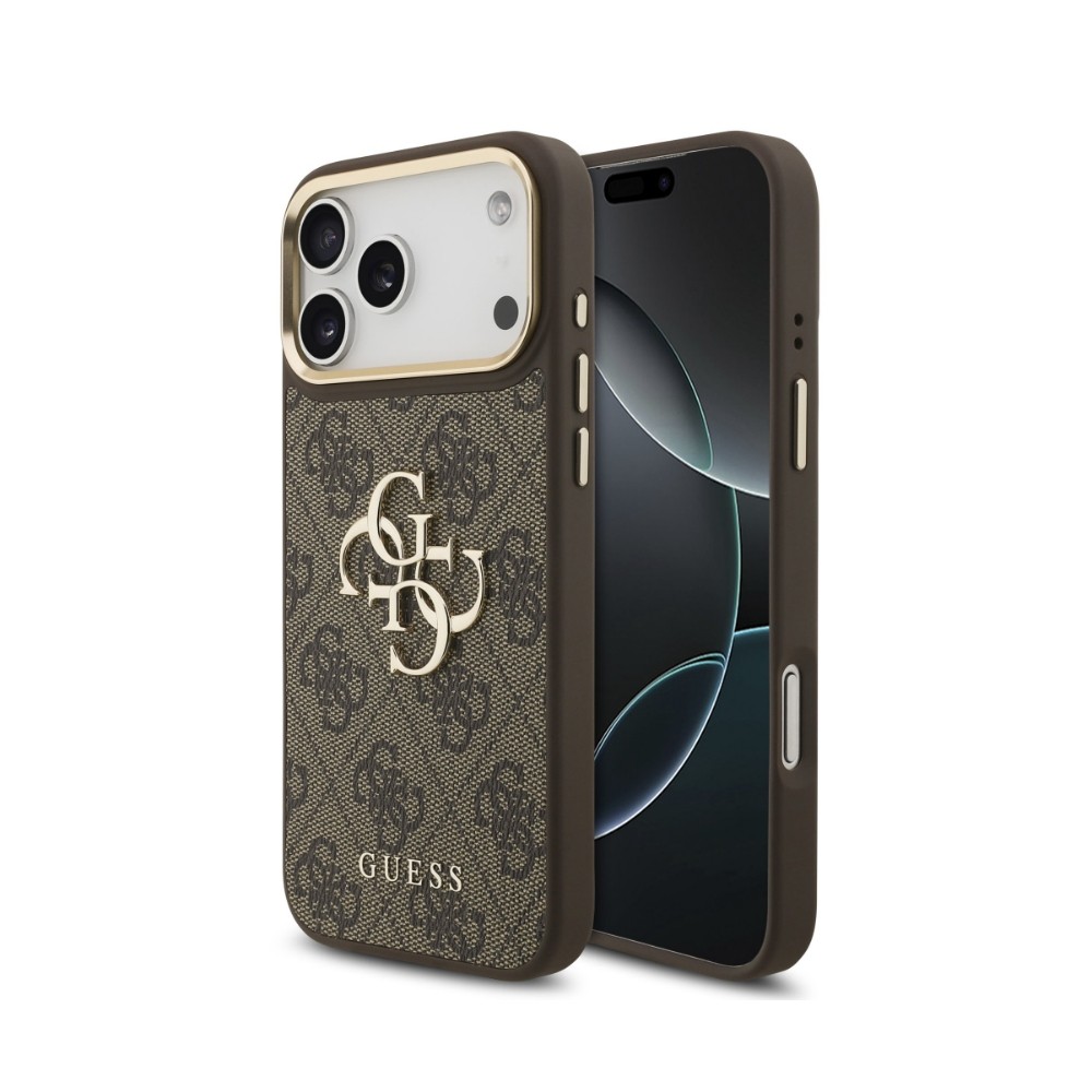 Dėklas Guess PU Leather 4G Metal Logo Gold Frame Apple iPhone 18 Pro Max rudas