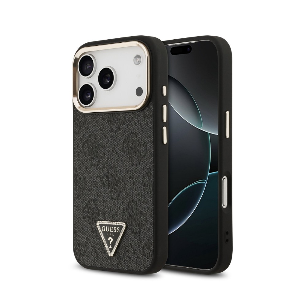 Dėklas Guess PU Leather 4G Strass Triangle Logo Gold Frame MagSafe Apple iPhone 18 Pro Max juodas
