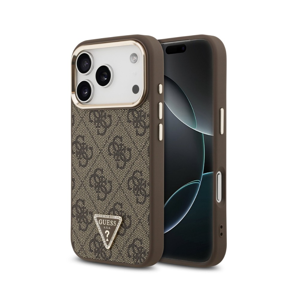 Dėklas Guess PU Leather 4G Strass Triangle Logo Gold Frame MagSafe Apple iPhone 18 Pro Max rudas