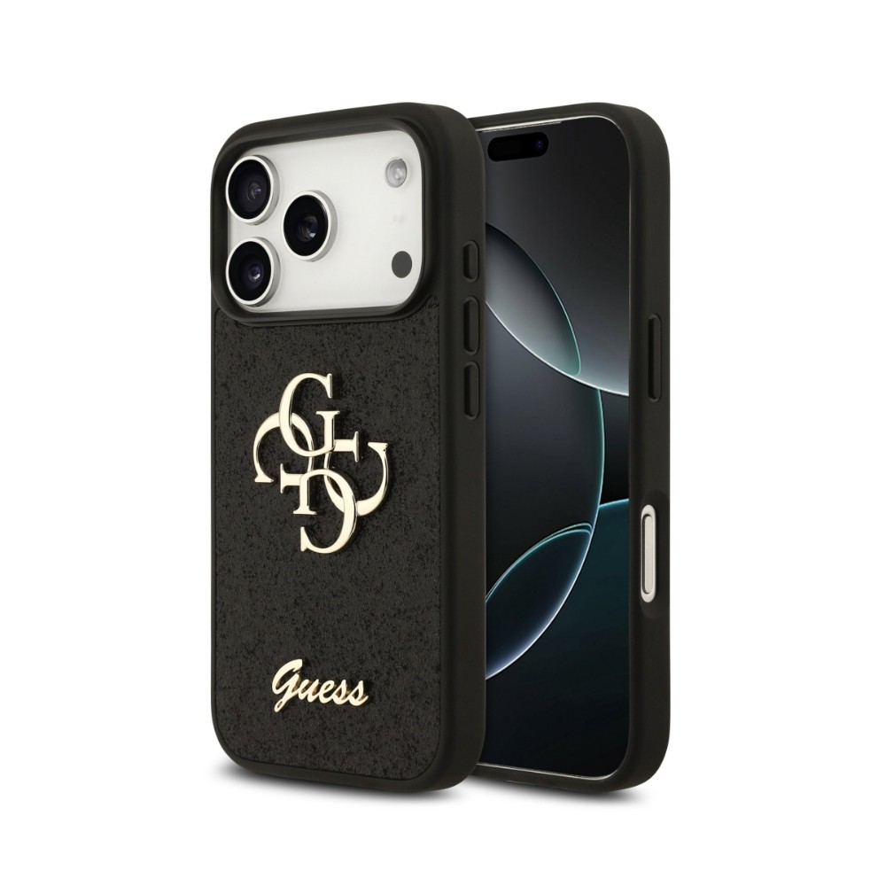 Dėklas Guess PU Fixed Glitter 4G Metal Logo Apple iPhone 18 Pro Max juodas