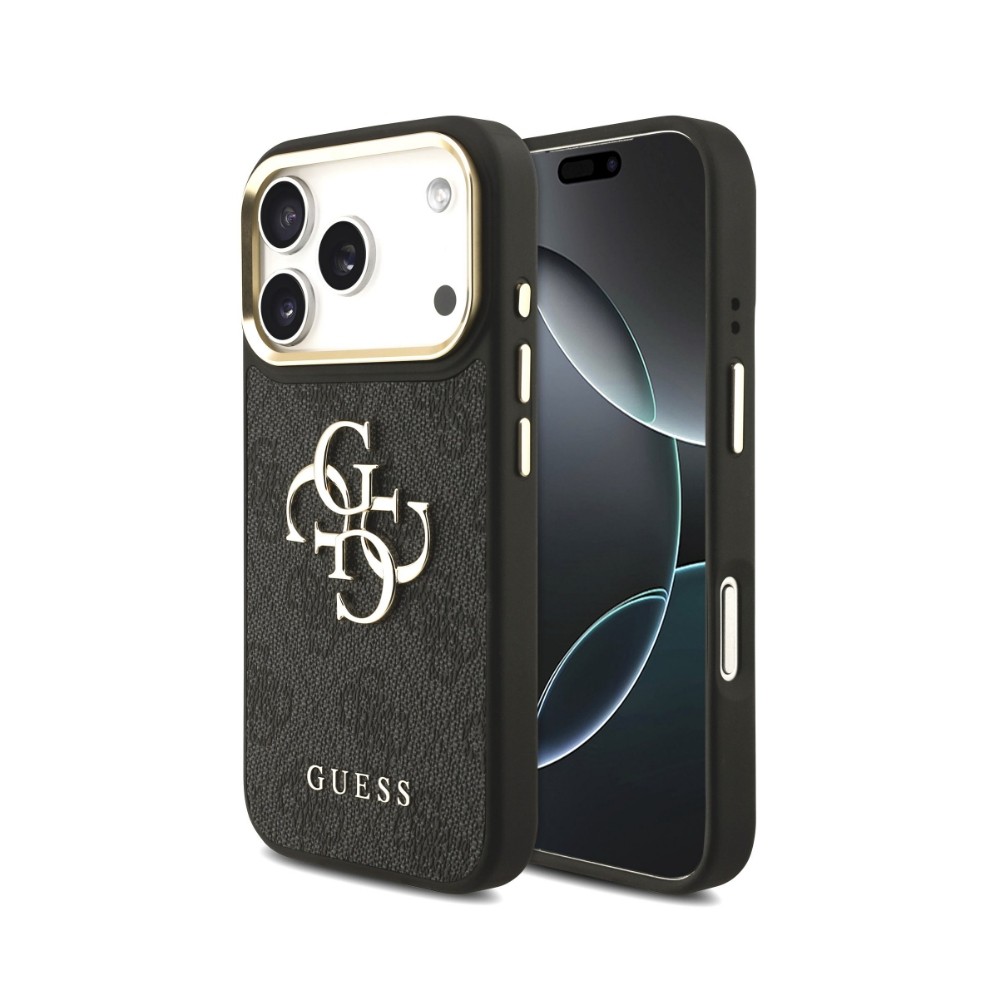 Dėklas Guess PU Leather 4G Metal Logo Gold Frame Apple iPhone 18 Pro Max juodas