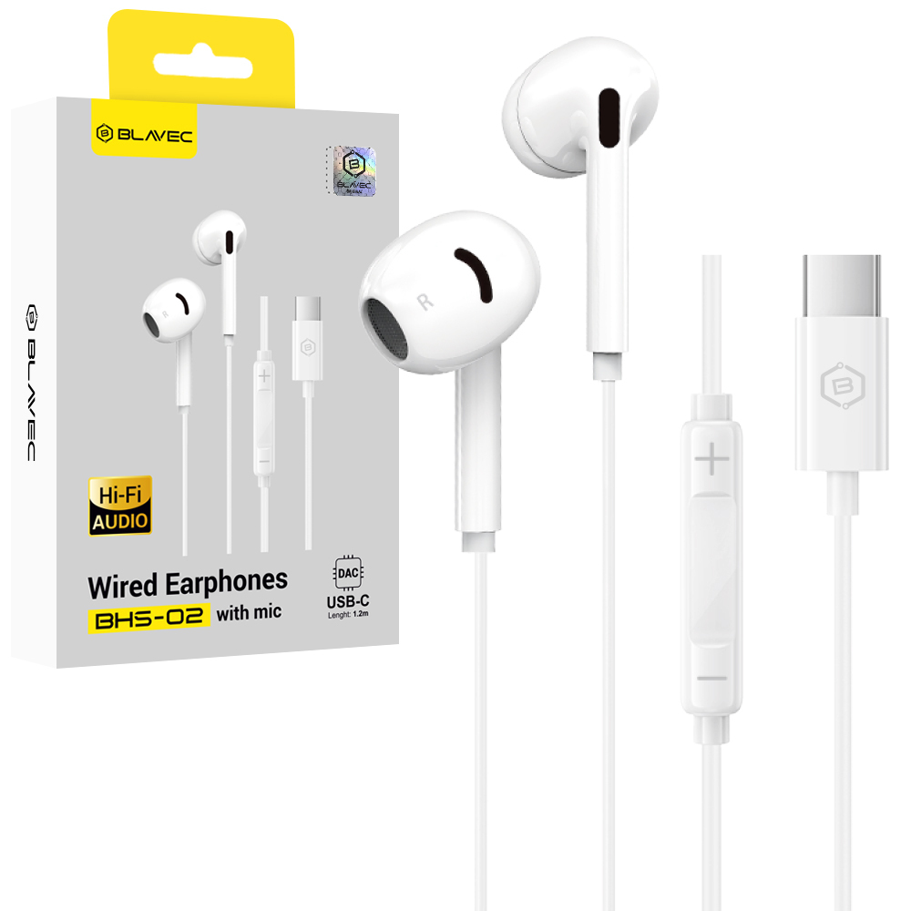 Blavec BHS-02 USB-C ausinukai be silikoninių antgalių, su mikrofonu ir DAC (BHS02-W), balti