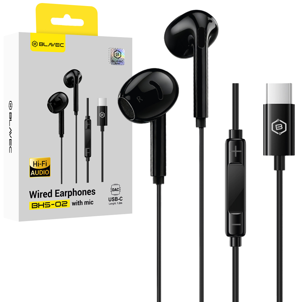 Blavec BHS-02 USB-C ausinukai be silikoninių antgalių, su mikrofonu ir DAC (BHS02-B), juodi