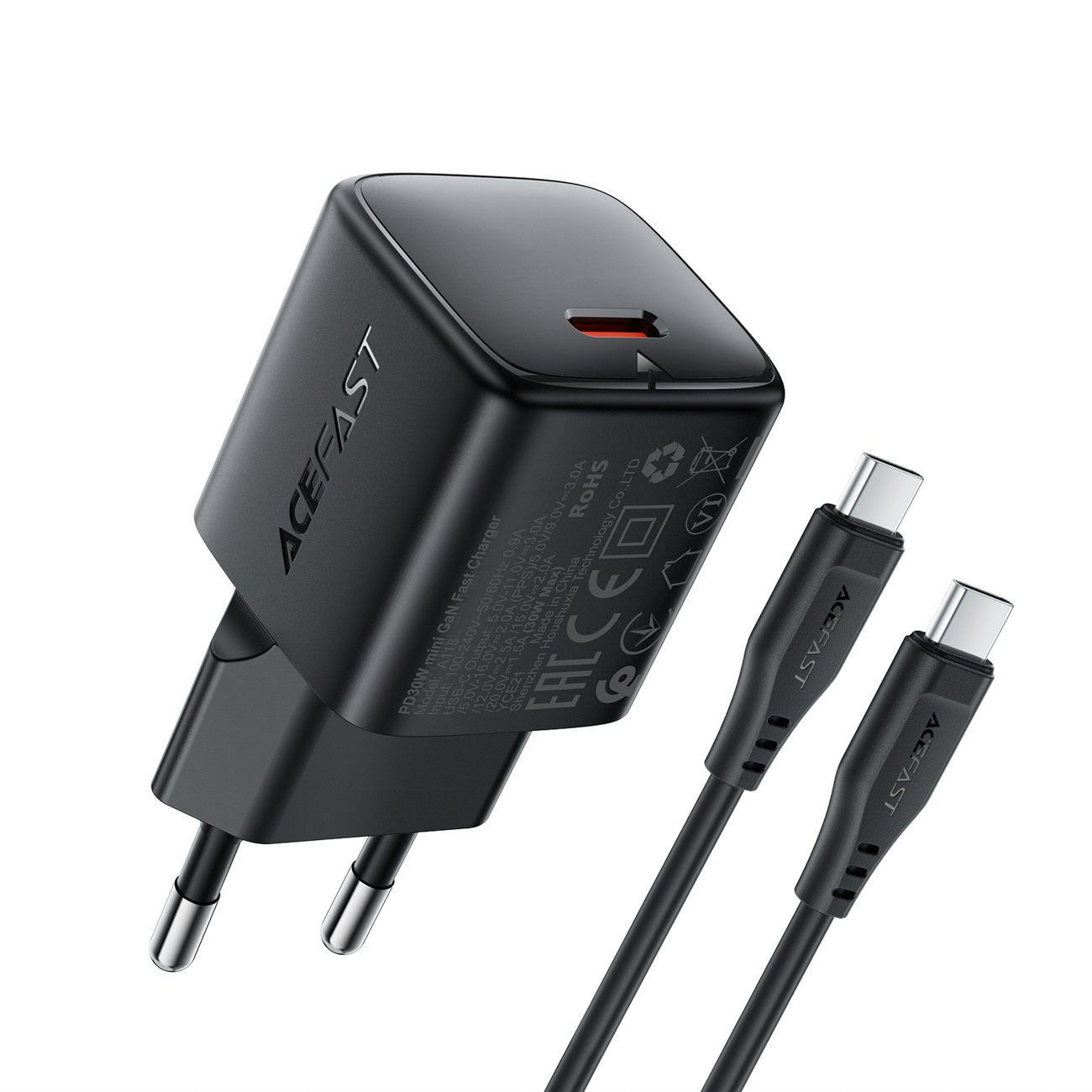 Charger Acefast A118 30W GaN USB-C + USB-C to USB-C cable 1.2m black