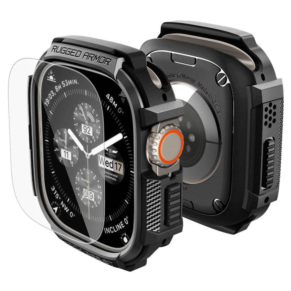 Spigen Rugged Armor dėklas ir 9H grūdintas stiklas Apple Watch Ultra 49 mm, matinis juodas