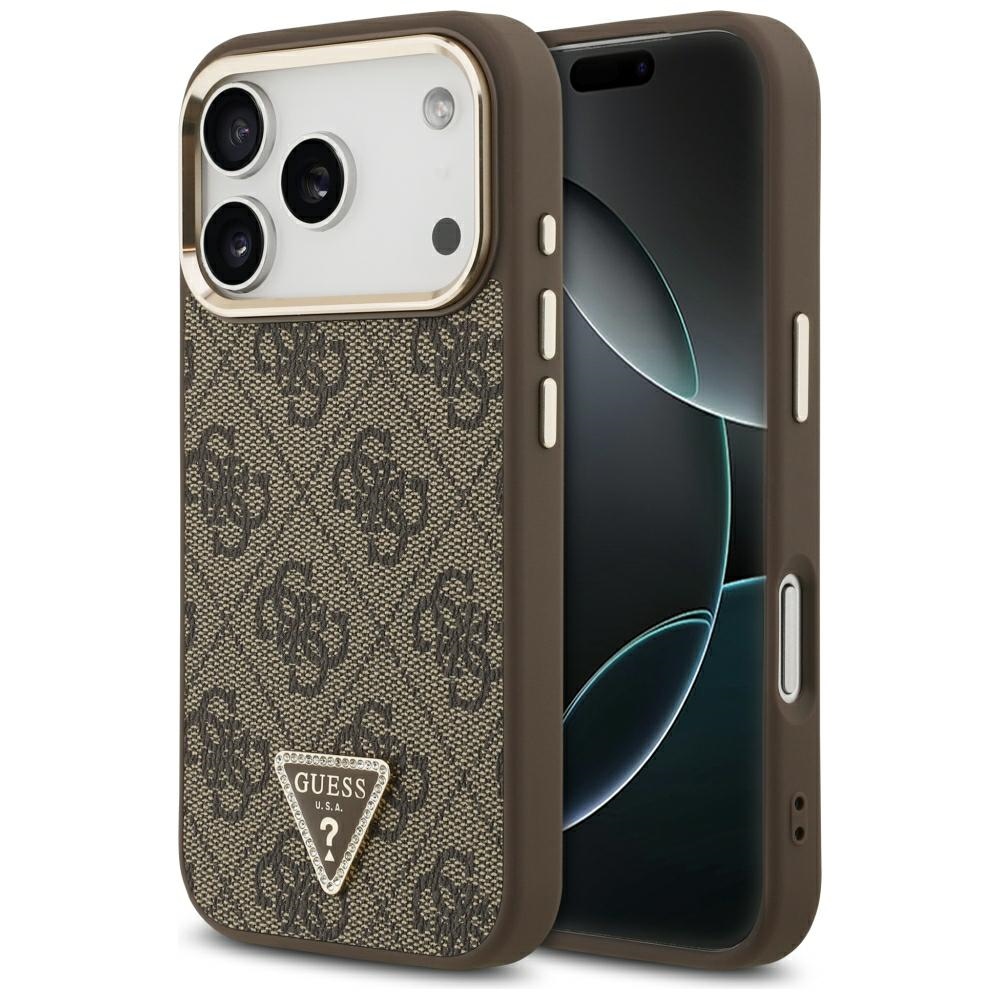 Чехол Guess PU Leather 4G Strass Triangle Logo Gold Frame MagSafe для Apple iPhone 18 Pro, коричневый