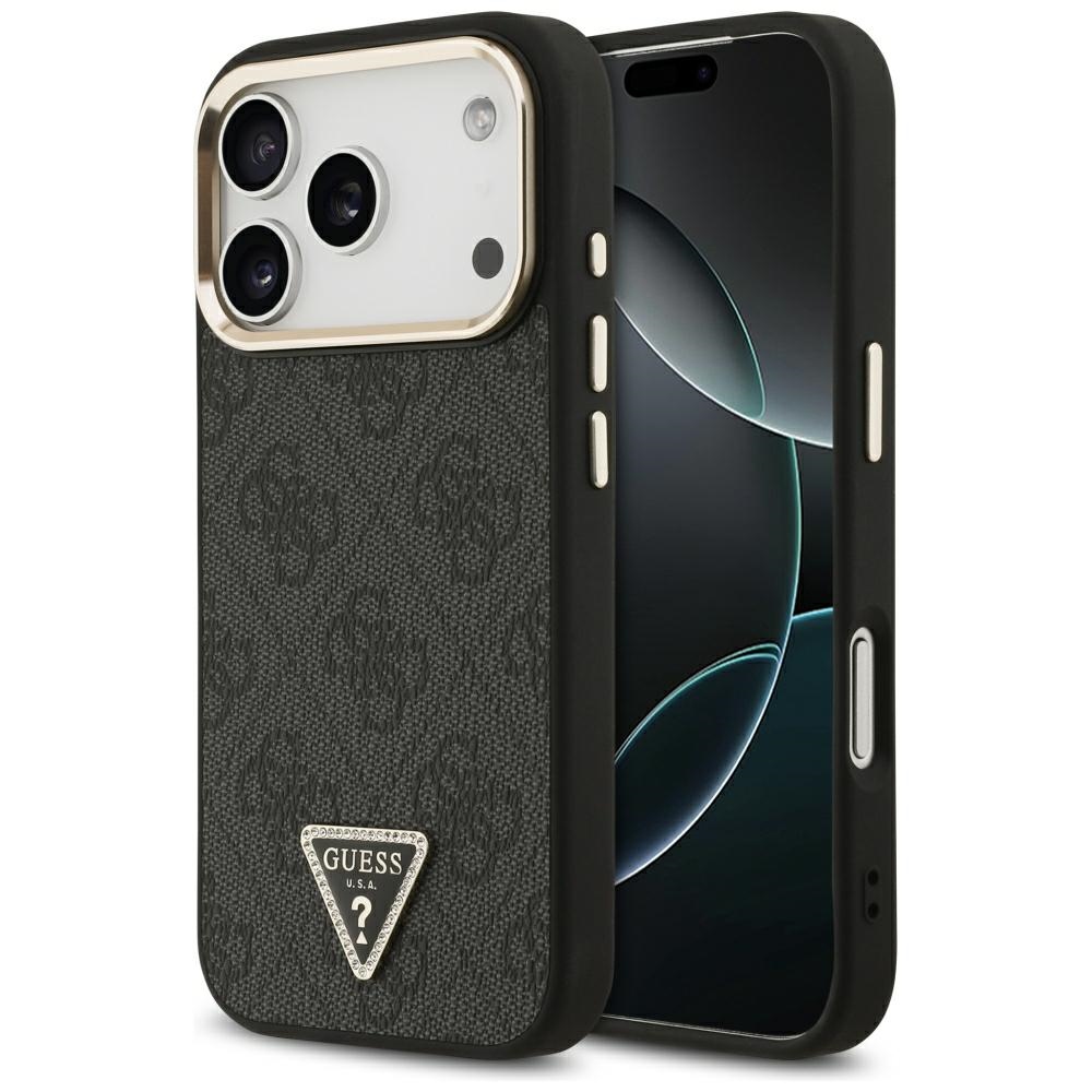 Чехол Guess PU Leather 4G Strass Triangle Logo Gold Frame MagSafe для Apple iPhone 18 Pro, чёрный