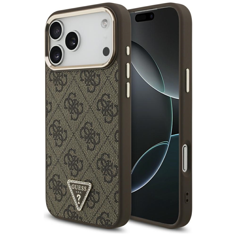 Чехол Guess PU Leather 4G Strass Triangle Logo Gold Frame MagSafe для Apple iPhone 18 Pro Max, коричневый
