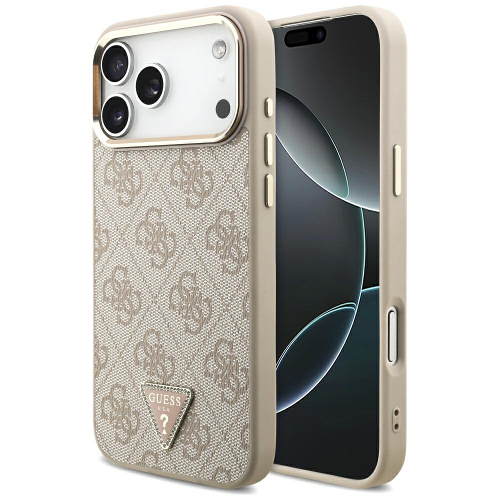 Guess PU Leather 4G Strass Triangle Logo Gold Frame MagSafe case for Apple iPhone 18 Pro Max, Pink