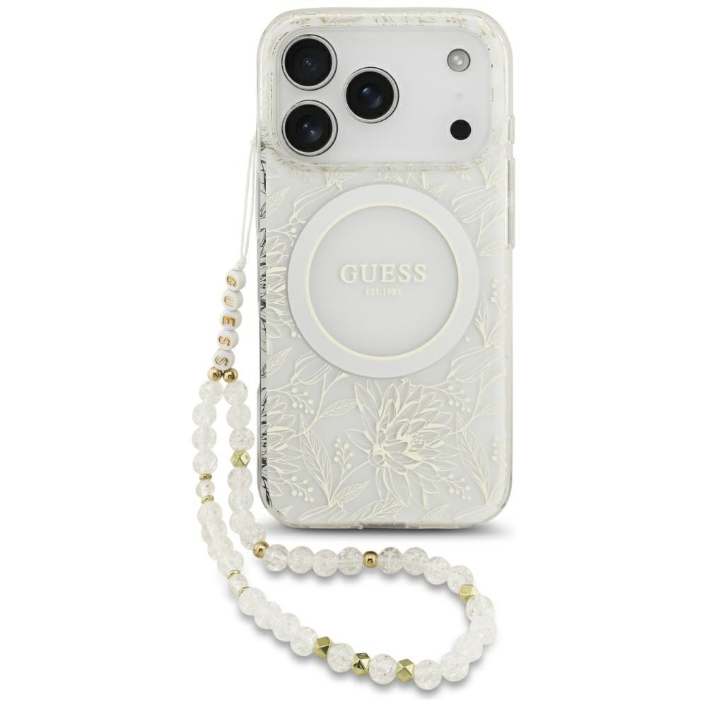 Guess IML Flowers Allover Electroplated MagSafe dėklas su perlų dirželiu, skirtas iPhone 18 Pro / 17 Pro – spalva: balta