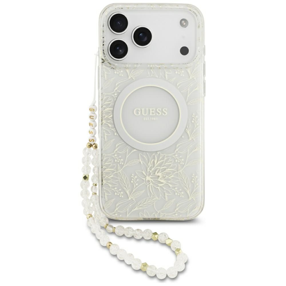 Чехол Guess IML MagSafe с цветочным рисунком, металлизированной отделкой и жемчужным ремешком для iPhone 18 Pro Max / 17 Pro Max, белый