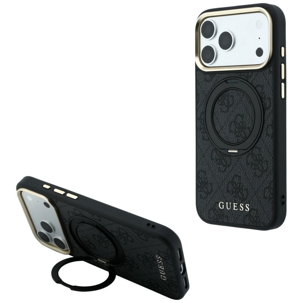 Guess Ring Stand 360 4G Classic Logo MagSafe dėklas, skirtas iPhone 17 Pro Max / 18 Pro Max, juodas