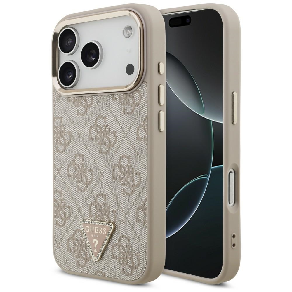 Чехол Guess PU Leather 4G Strass Triangle Logo Gold Frame MagSafe для Apple iPhone 18 Pro, розовый