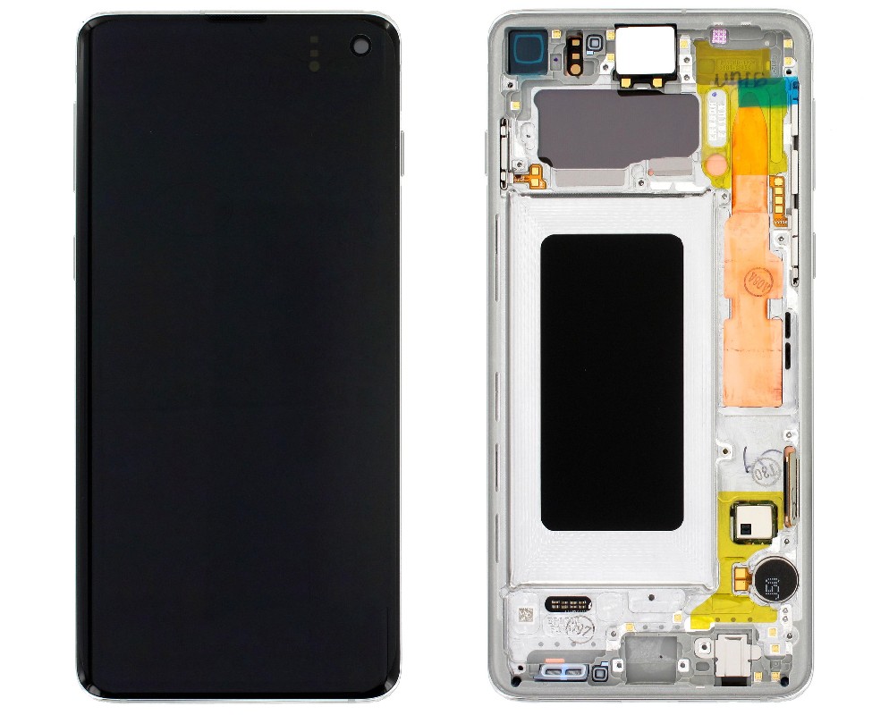 Ekranas Samsung G973F S10 su lietimui jautriu stikliuku ir rėmeliu Prism White originalus (service pack)