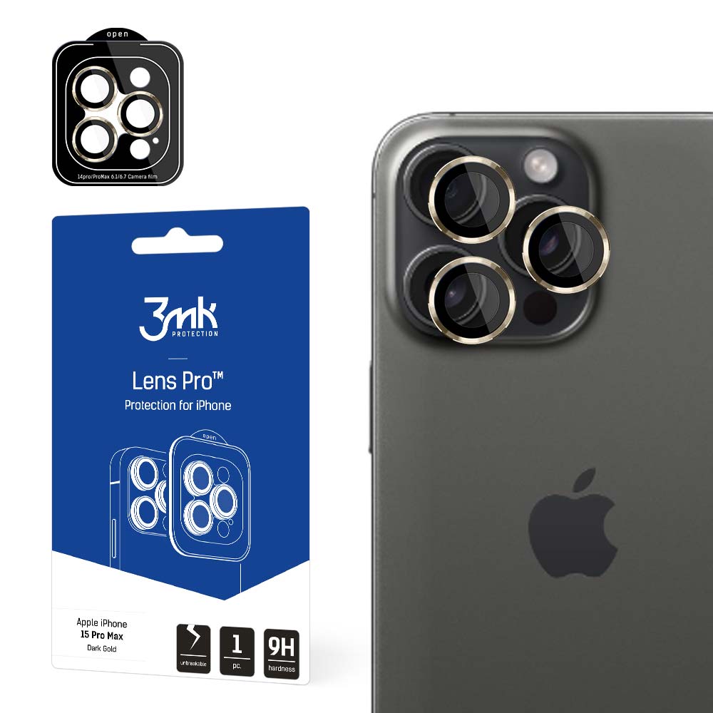 Защита камеры 3mk Lens Protection Pro с золотой рамкой для iPhone 15 Pro Max