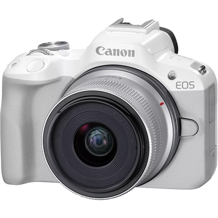 Canon EOS R50 WH + RF-S 18-45mm F4.5-6.3 IS STM (SIP), 24,2 МП, стабилизатор изображения, светочувствительность ISO (макс.) 32000, диагональ экрана 2,95 ", Wi-Fi, видеозапись, автоматический/ручной режим, CMOS, белый