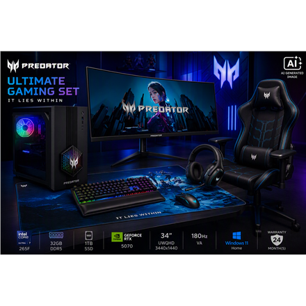 Acer Ultimate Gaming Set Orion 3000 + X34 V3 + PGC371 + Aethon 700 + Galea 550 + Cestus 333 + PMP470 Desktop Tower Intel Core Ultra 7 265F 32 GB DDR5 1000 GB NVIDIA GeForce RTX 5070 US Windows 11 Home
