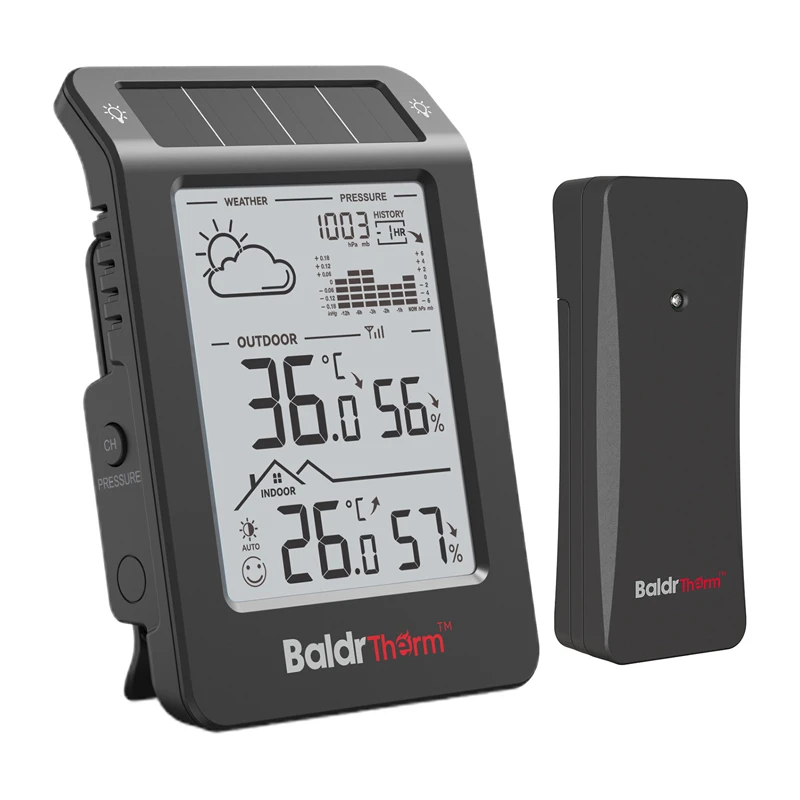 BALDRTHERM B0596WT2H2P-V1 saulės energija maitinama meteorologinė stotelė, juoda