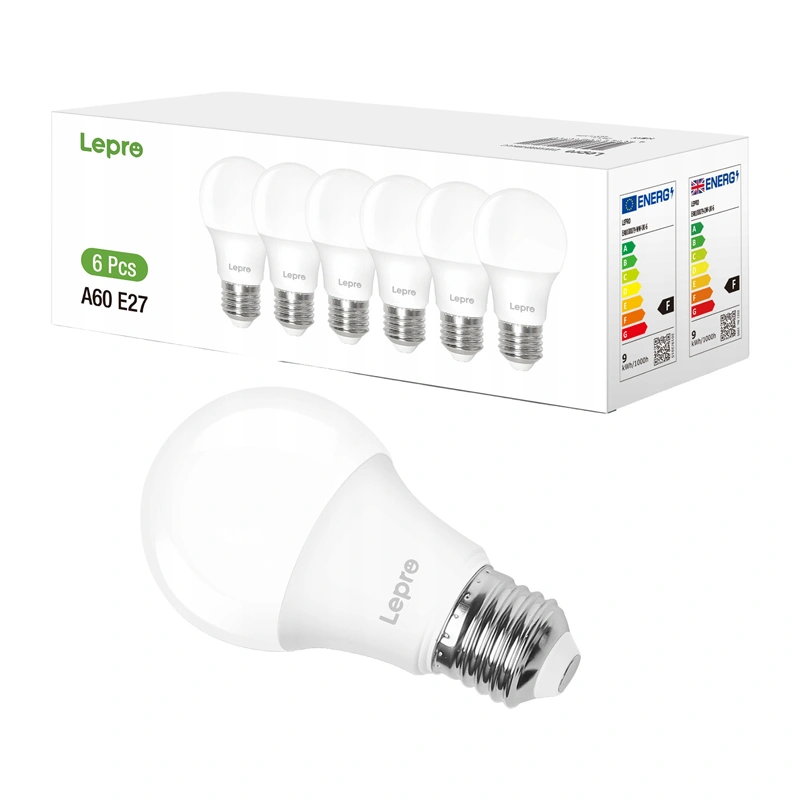 LEPRO 100090-DW-EU-6 LED lemputė, E27, A60, 8.5W (60W), 806 lm, 6500K (šaltai balta šviesa), 180°, 6 vnt. pakuotė