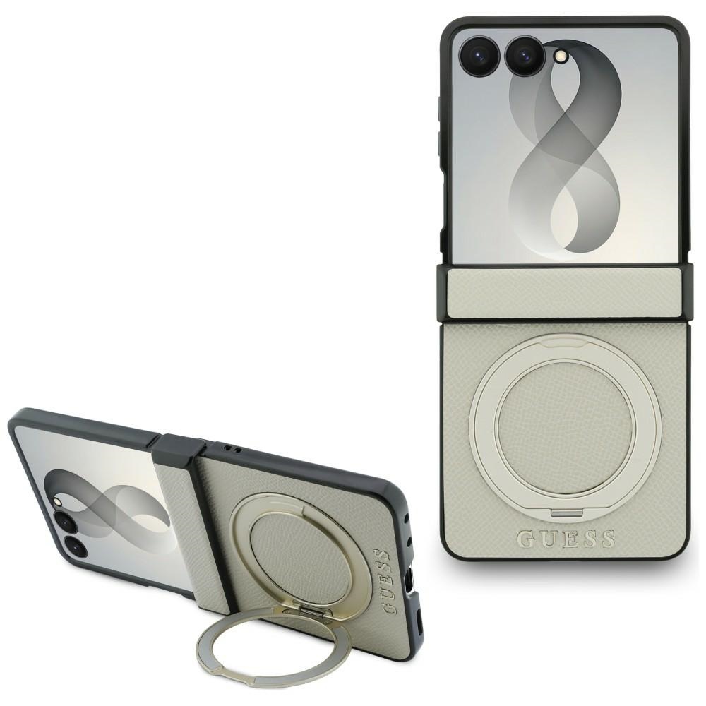 Smėlio spalvos dėklas „Guess Magnetic Ring Stand Grained Classic Logo MagSafe“, skirtas „Samsung Galaxy Z Flip8“