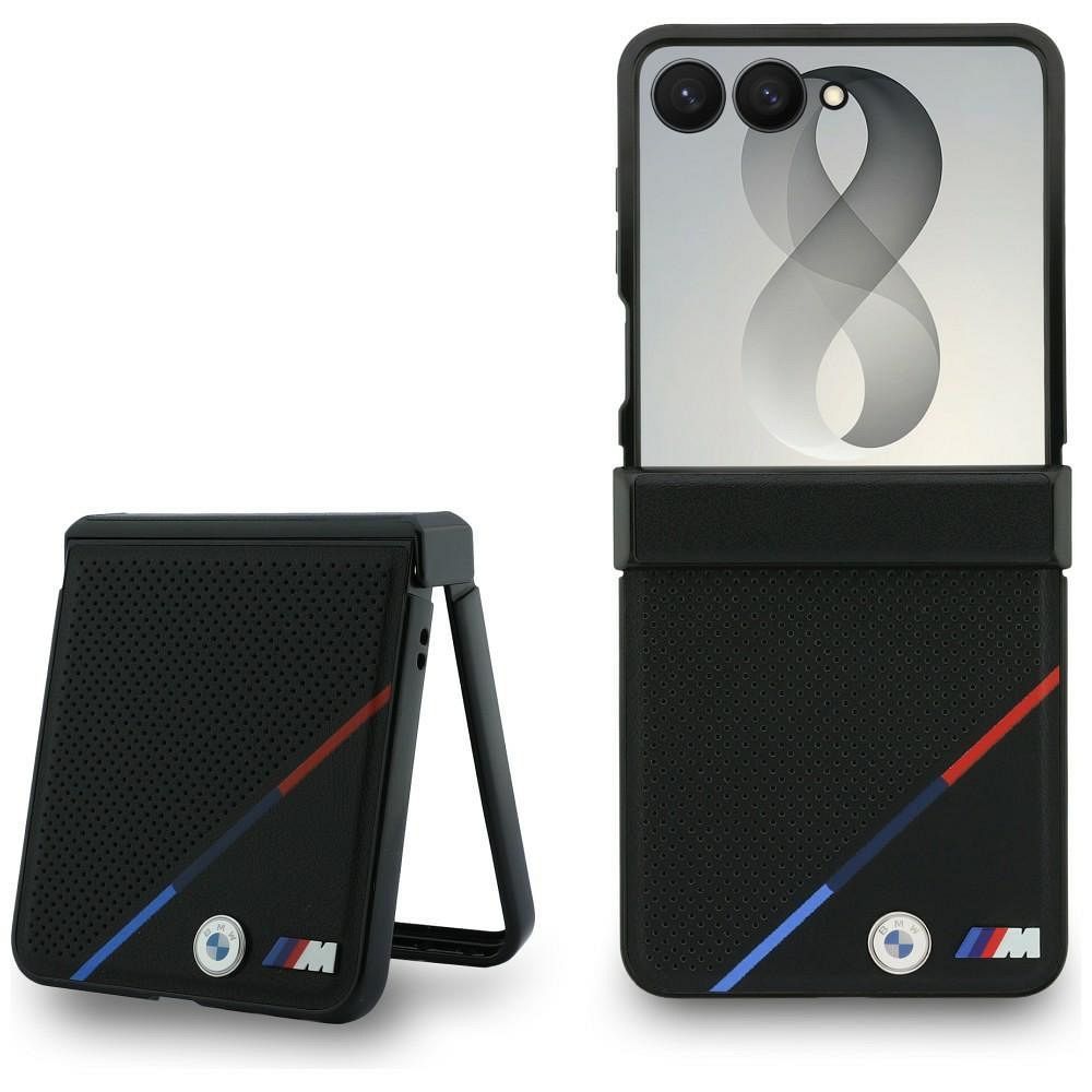 Juodas dėklas „BMW M Leather Perforated Tricolor Stripe Metal Logos“ su „MagSafe“, skirtas „Samsung Galaxy Z Flip8“