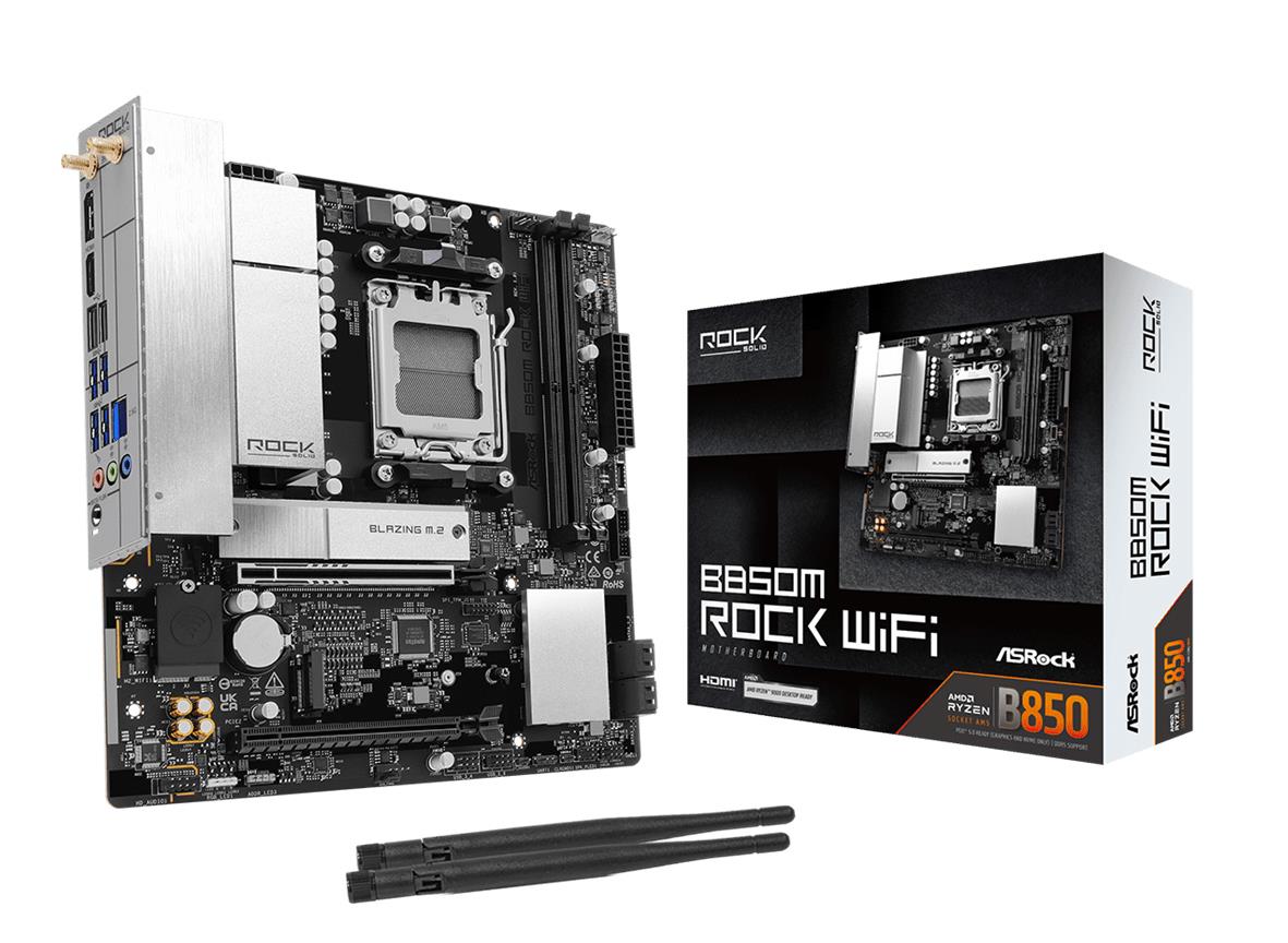 Материнская плата ASROCK B850MROCKWIFI AMD B850 Socket AM5 micro ATX, DDR5-SDRAM, 2 слота, Wi-Fi, Bluetooth, 1 x M.2