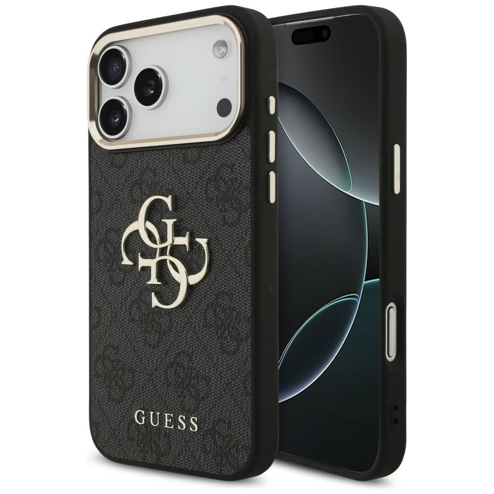 Guess PU Leather 4G Metal Logo Gold Frame case for Apple iPhone 18 Pro Max, Black