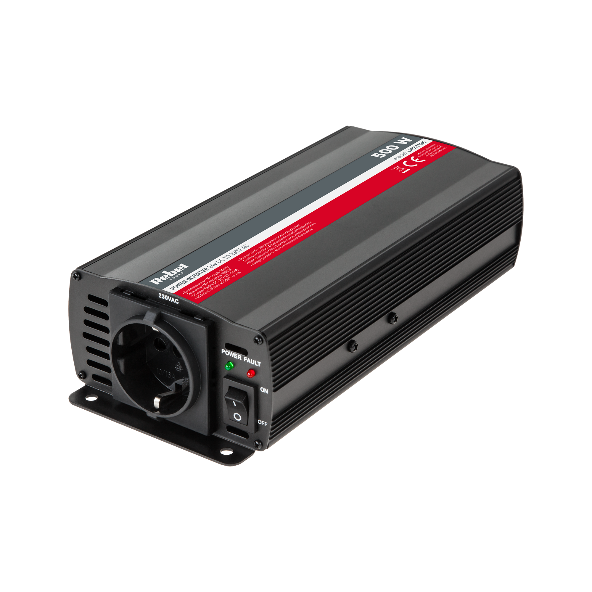 REBEL 24 V–230 V įtampos keitiklis, 500 W, vokiško F tipo lizdas