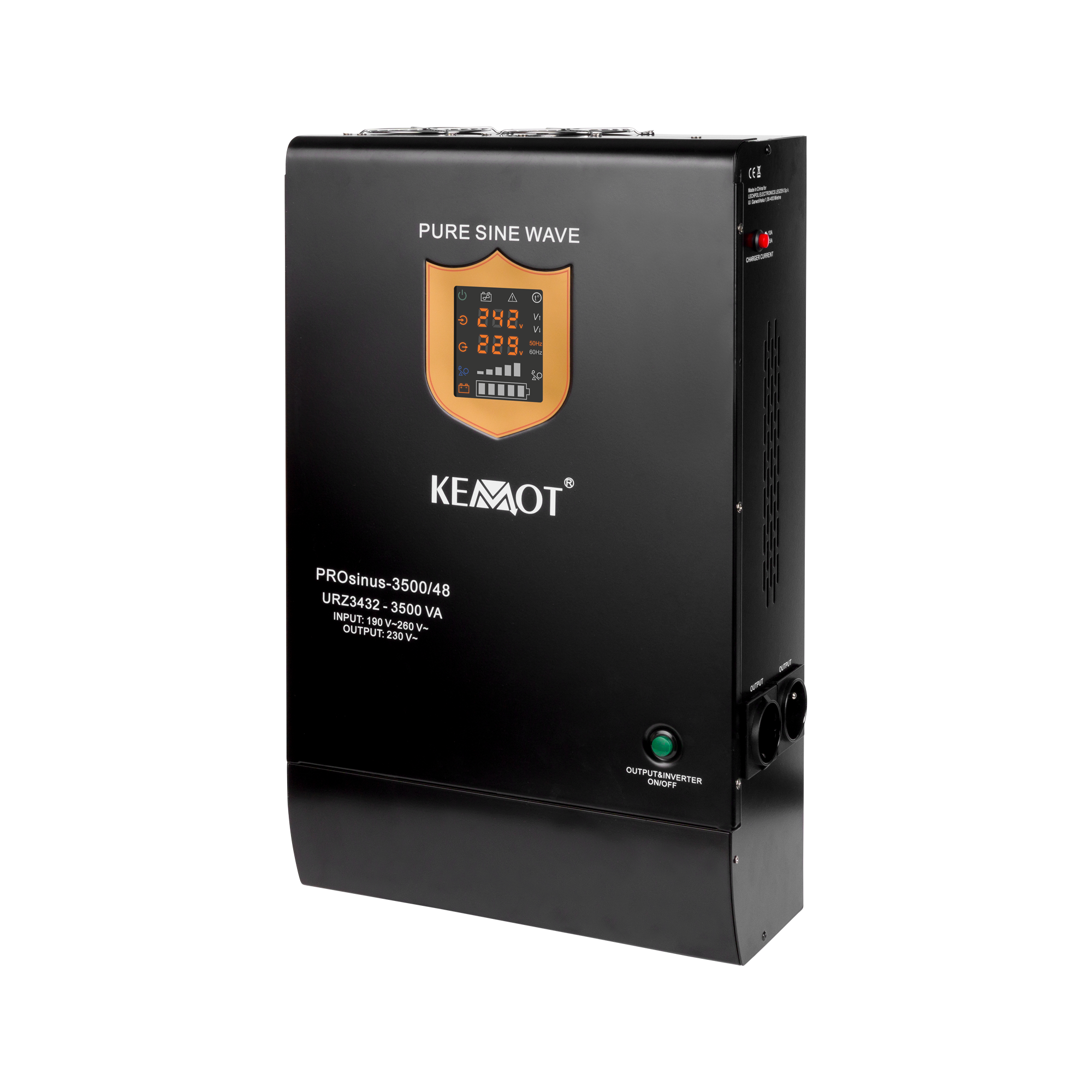 KEMOT PROsinus-3500/48 wall-mounted emergency power supply, pure sine wave inverter with charging, 48 V / 230 V, 3500 VA / 2400 W
