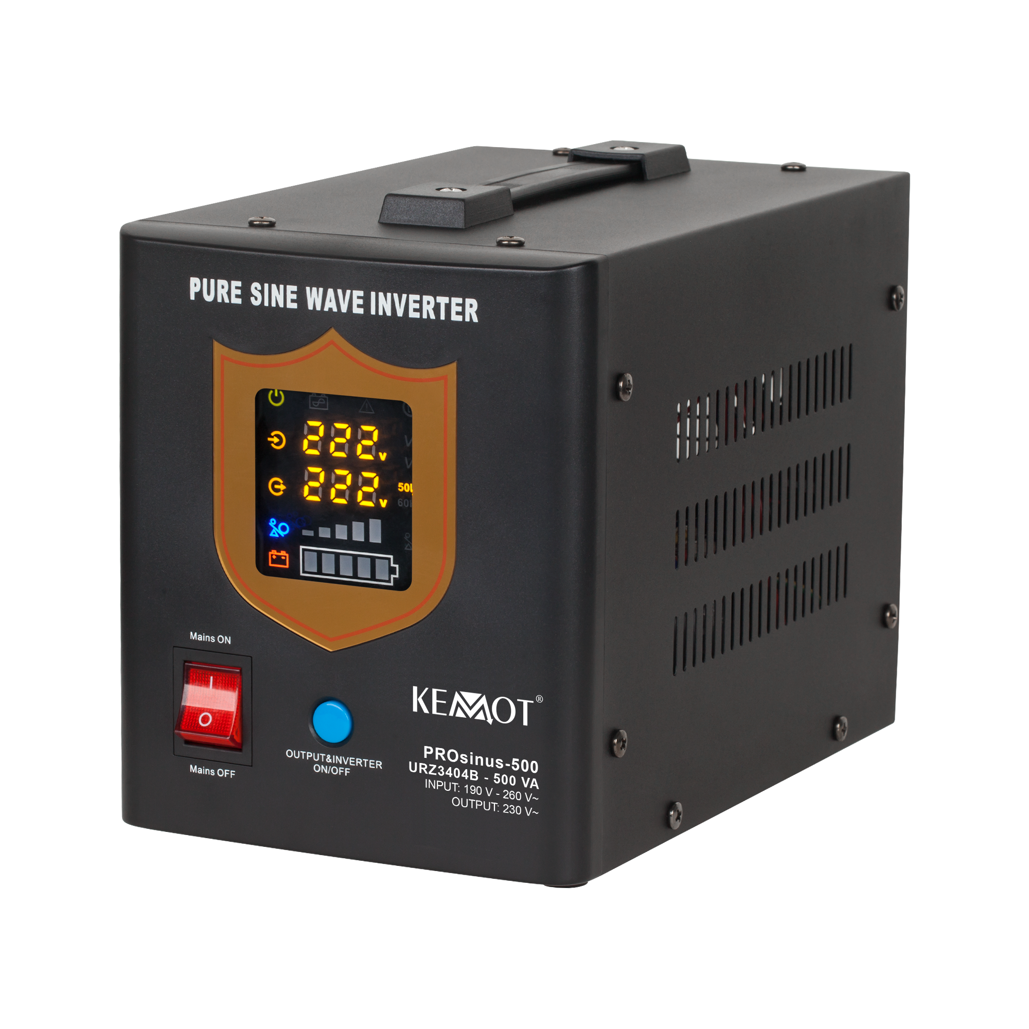 KEMOT PROsinus-500 rezervinis maitinimo šaltinis, grynos sinusoidės keitiklis su įkrovimo funkcija, 12 V/230 V, 500 VA/300 W, juodas