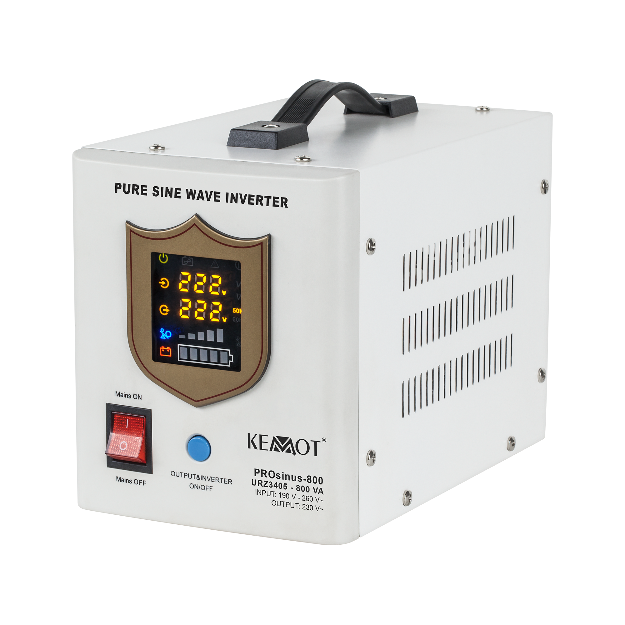 KEMOT PROsinus-800 grynos sinusoidės nepertraukiamo maitinimo šaltinis su įkrovimo funkcija, 12 V/230 V, 800 VA/500 W