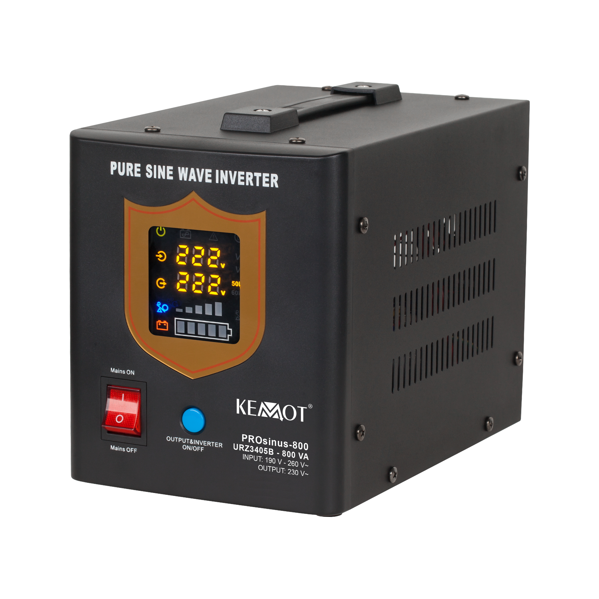 KEMOT PROsinus-800 rezervinis maitinimo šaltinis, grynos sinusoidės keitiklis su įkrovimo funkcija, 12 V/230 V, 800 VA/500 W, juodas