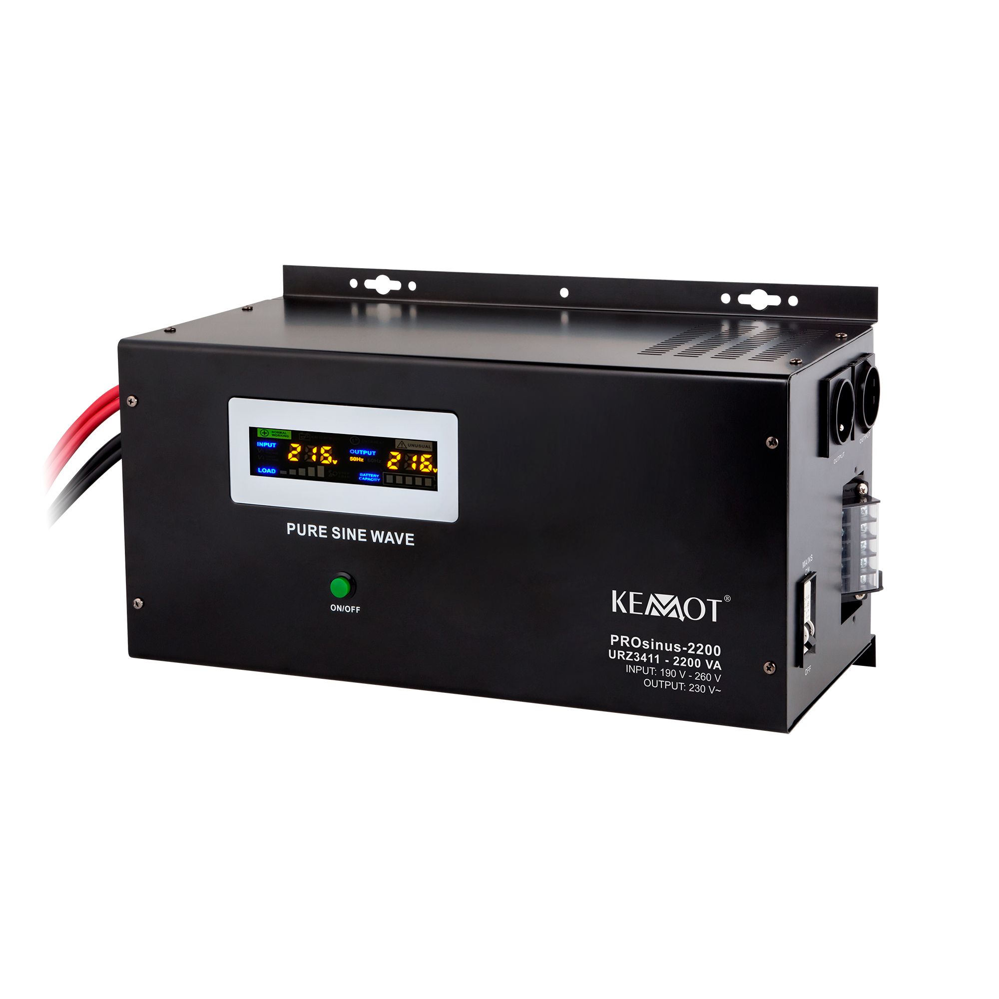 KEMOT PROsinus-2200 wall-mounted backup power supply, pure sine wave inverter with charging function, 12 V/230 V, 2200 VA/1600 W