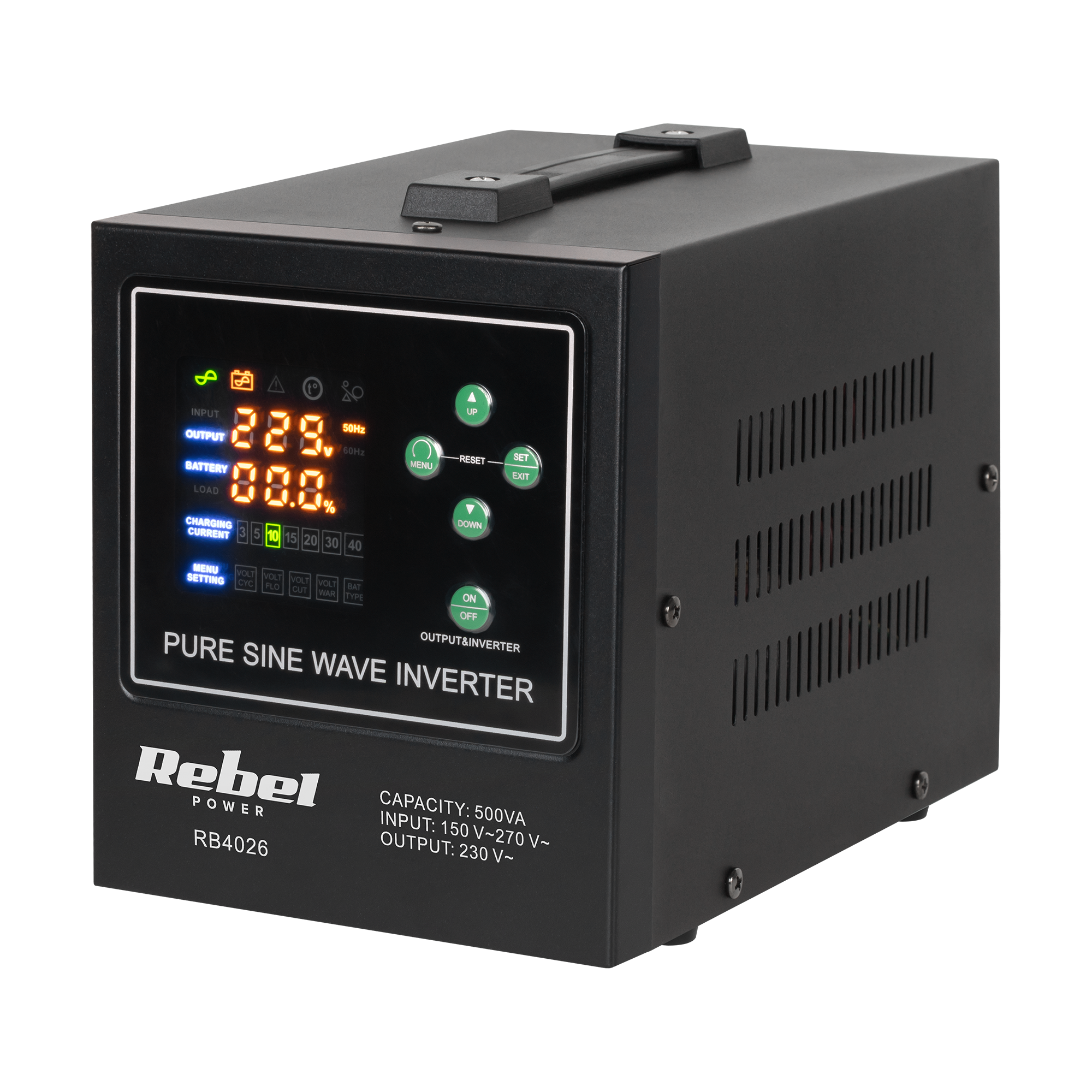 Rebel POWER-500-LFP4 backup power supply, pure sine wave inverter with charging, 12 V / 230 V, 500 VA / 300 W
