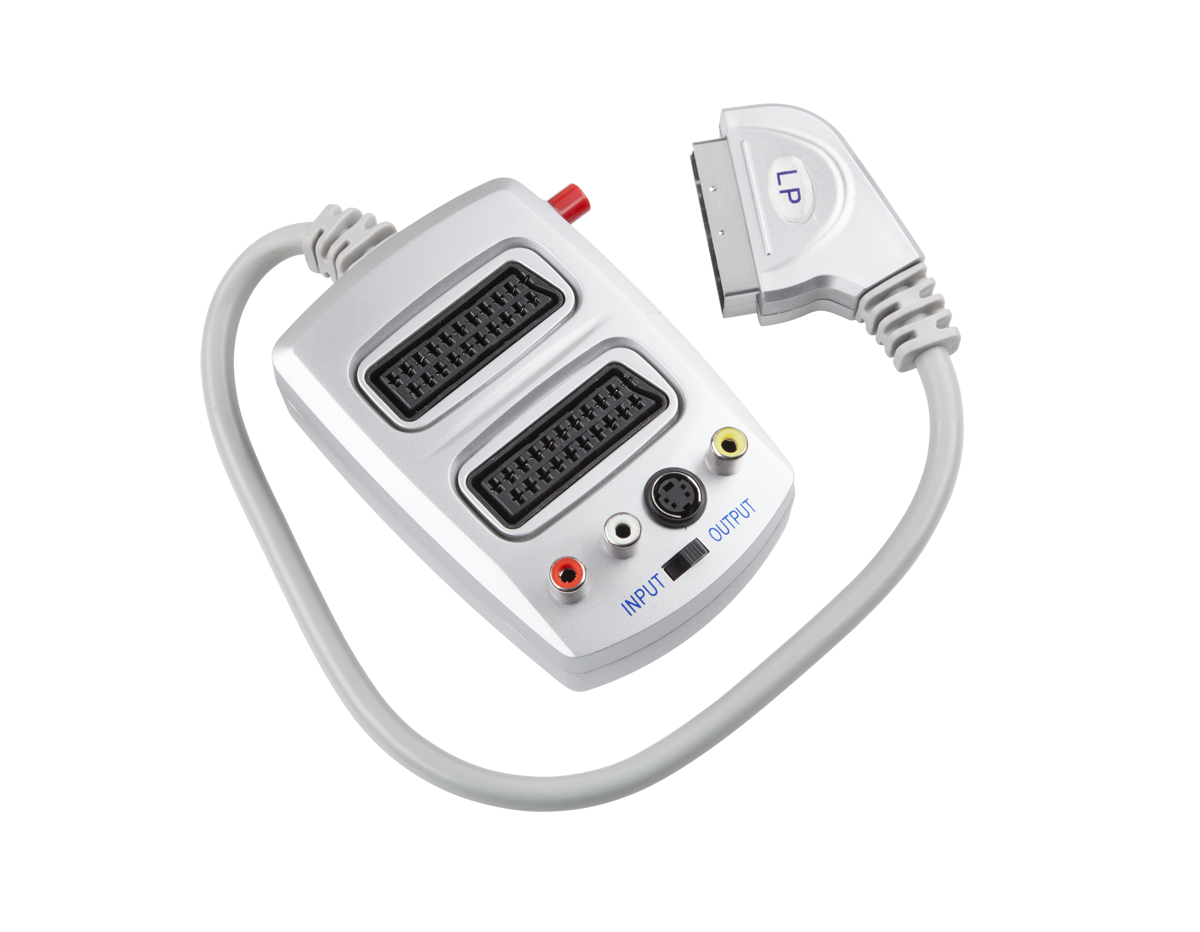 EURO plug adapter with 2 EURO sockets, S-VHS, 3 RCA and switch
